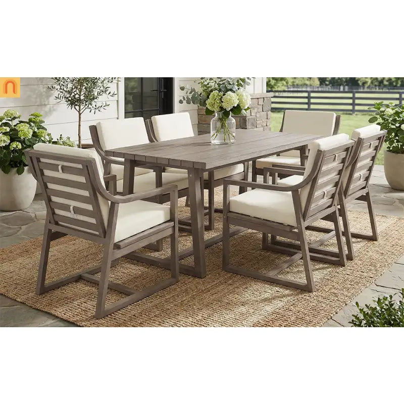 Outdoor Dining Set Acacia Wood Beige Cushion 7 Piece Slatted Seats 6