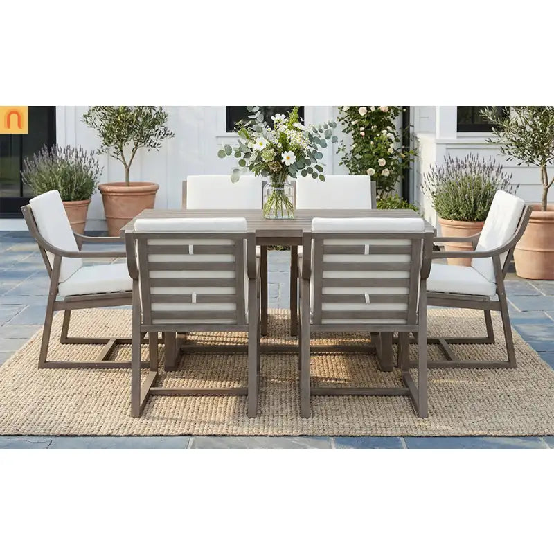 Outdoor Dining Set Acacia Wood Beige Cushion 7 Piece Slatted Seats 6