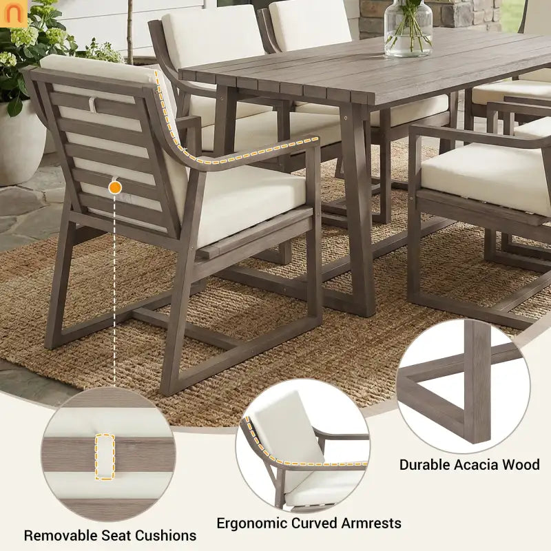 Outdoor Dining Set Acacia Wood Beige Cushion 7 Piece Slatted Seats 6