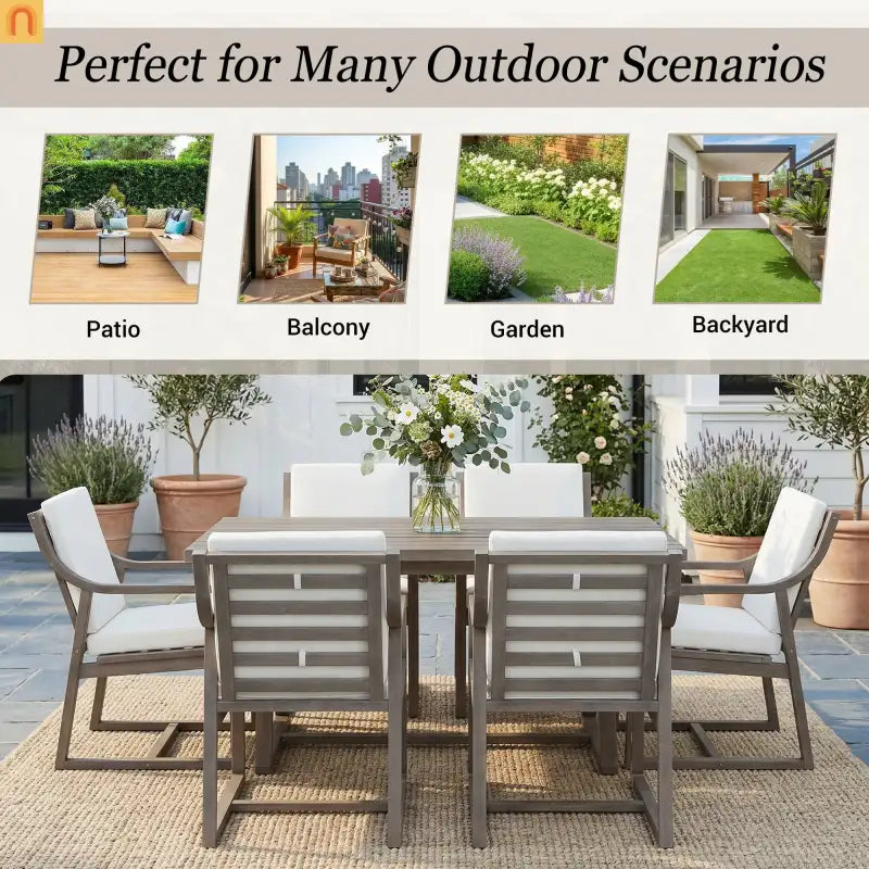 Outdoor Dining Set Acacia Wood Beige Cushion 7 Piece Slatted Seats 6