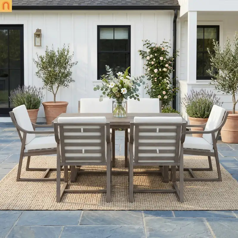 Outdoor Dining Set Acacia Wood Beige Cushion 7 Piece Slatted Seats 6