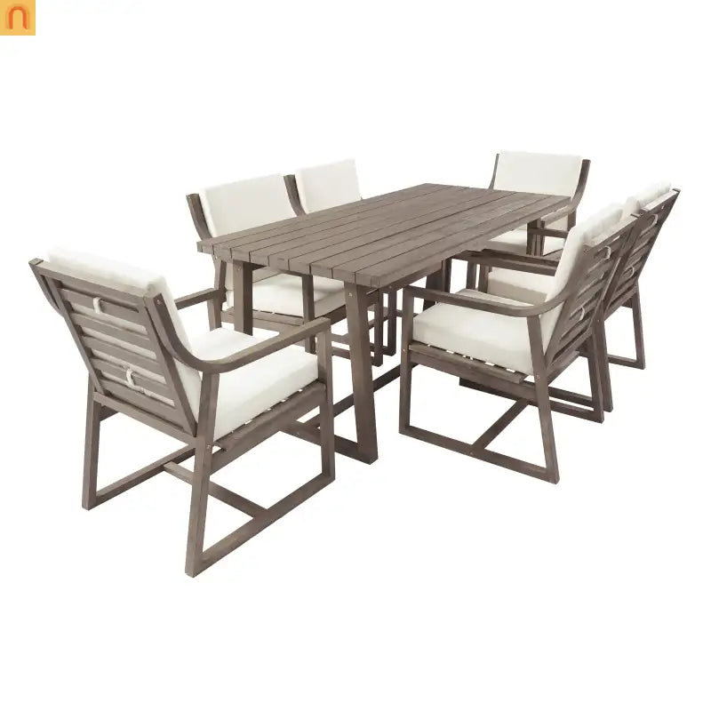 Outdoor Dining Set Acacia Wood Beige Cushion 7 Piece Slatted Seats 6