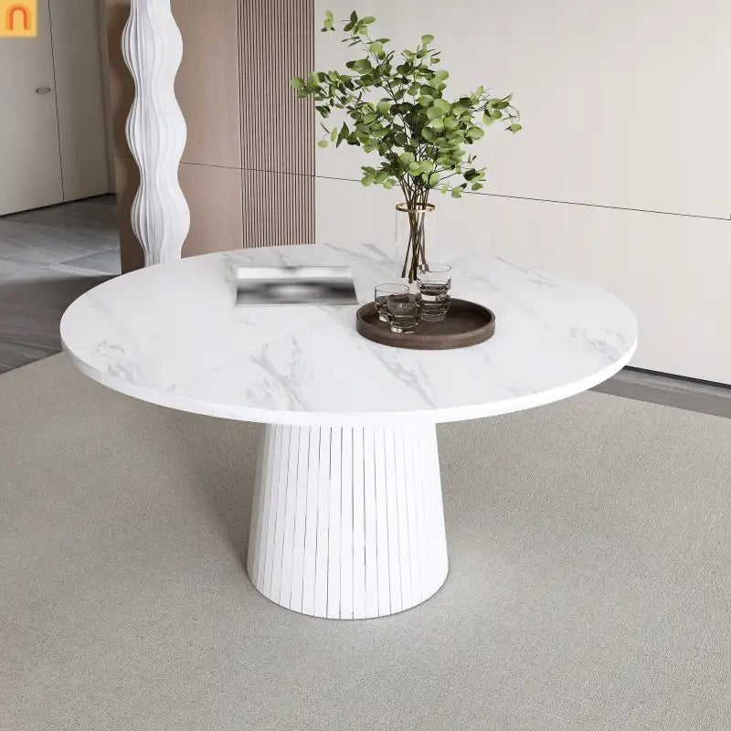 Dining Table Round Marble Veneer White Farmhouse 47in Seats 4