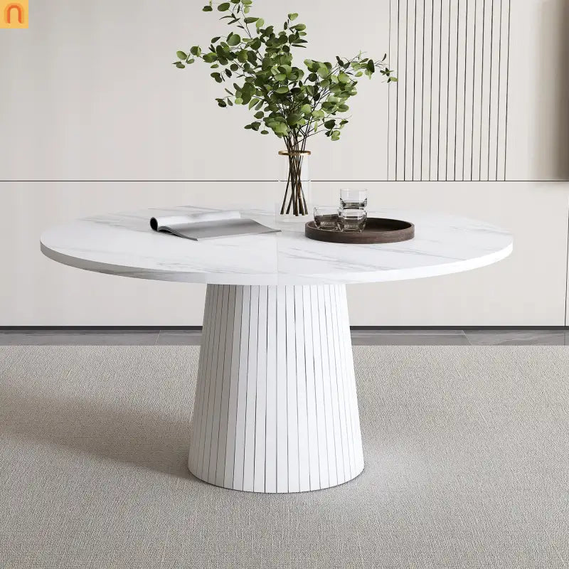 Dining Table Round Marble Veneer White Farmhouse 47in Seats 4