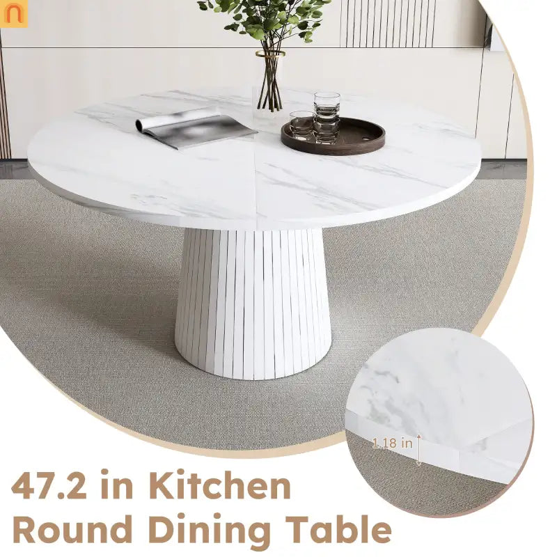 Dining Table Round Marble Veneer White Farmhouse 47in Seats 4