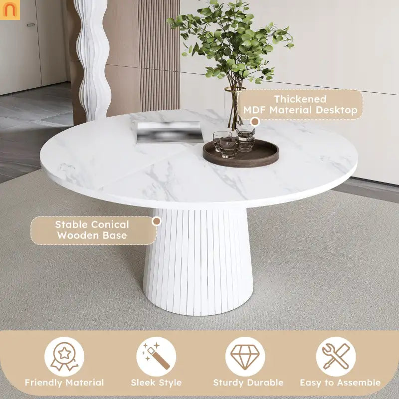 Dining Table Round Marble Veneer White Farmhouse 47in Seats 4