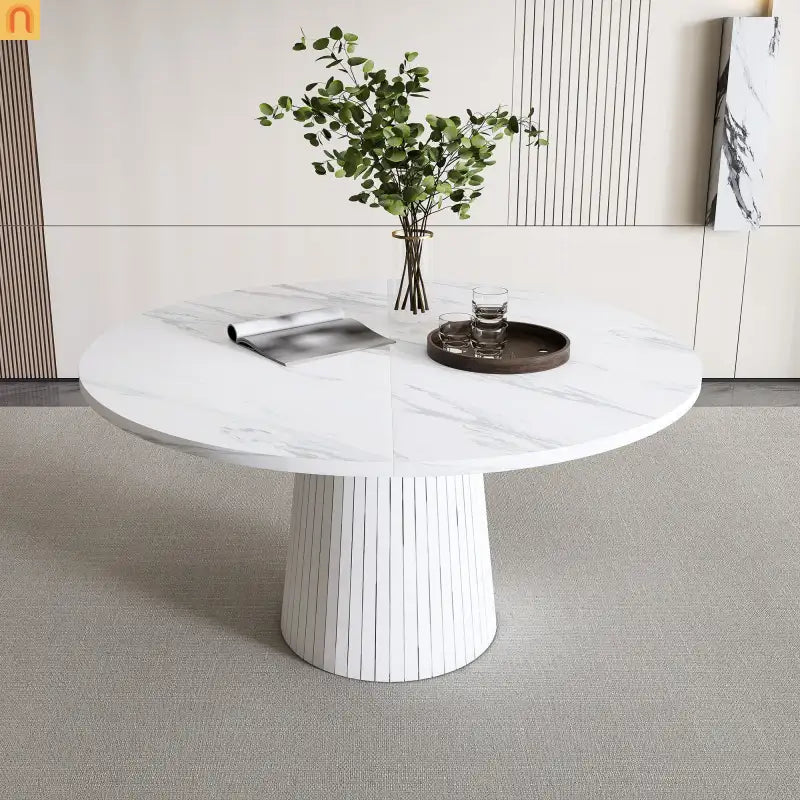 Dining Table Round Marble Veneer White Farmhouse 47in Seats 4