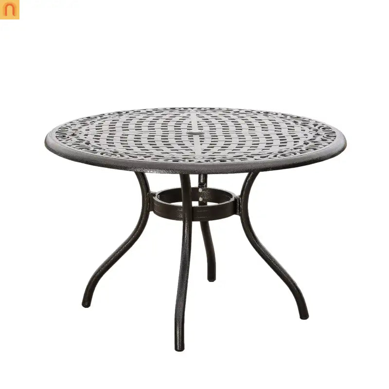 Outdoor Round Dining Table Cast Aluminum Bronze Umbrella Hole 47.75in