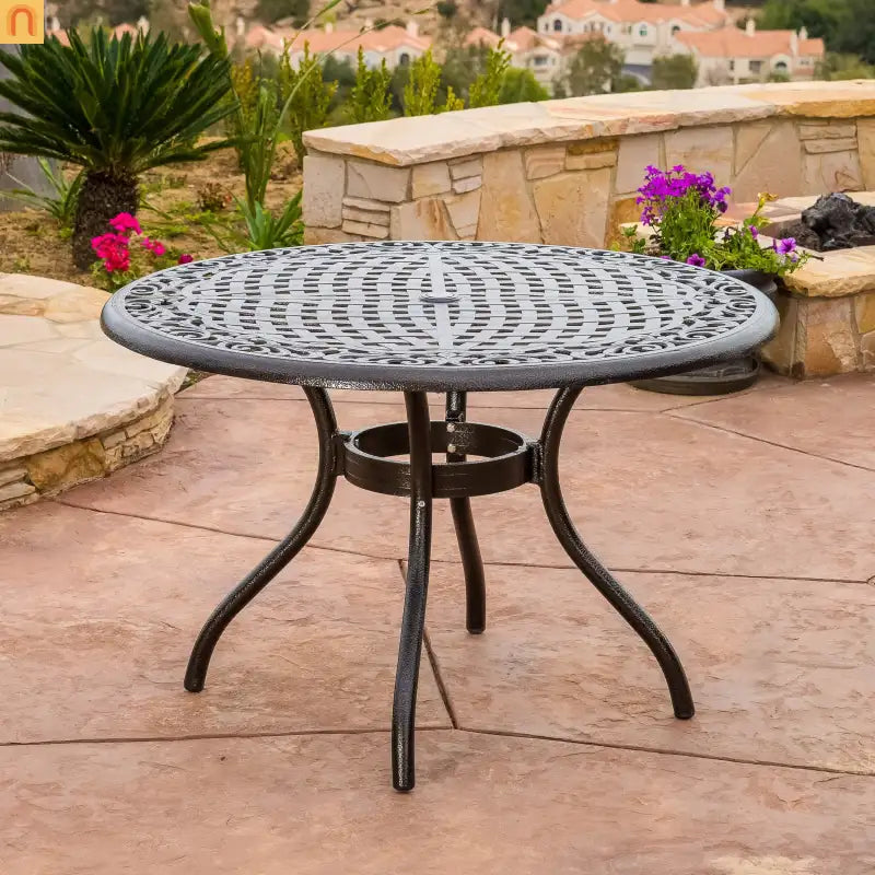 Outdoor Round Dining Table Cast Aluminum Bronze Umbrella Hole 47.75in