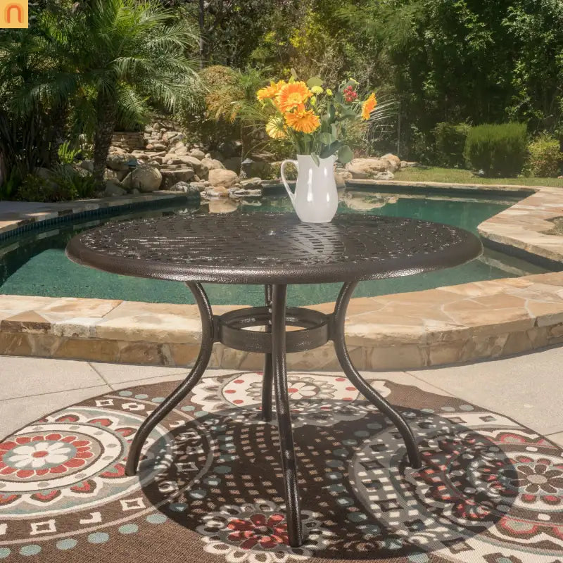 Outdoor Round Dining Table Cast Aluminum Bronze Umbrella Hole 47.75in