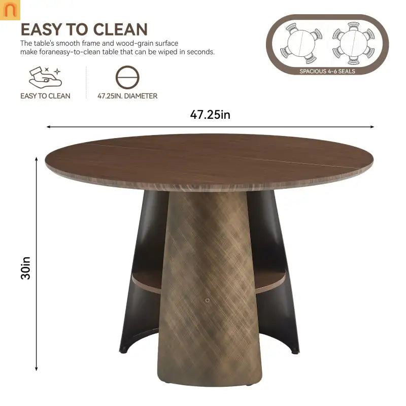 Dining Table Round Walnut Retro Metal Base 47in Storage Shelf Seats 6