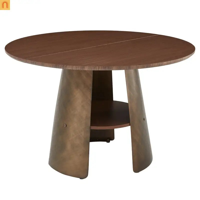 Dining Table Round Walnut Retro Metal Base 47in Storage Shelf Seats 6