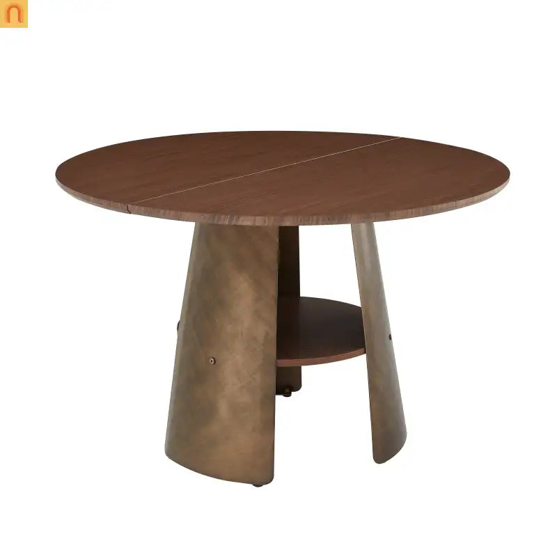 Dining Table Round Walnut Retro Metal Base 47in Storage Shelf Seats 6