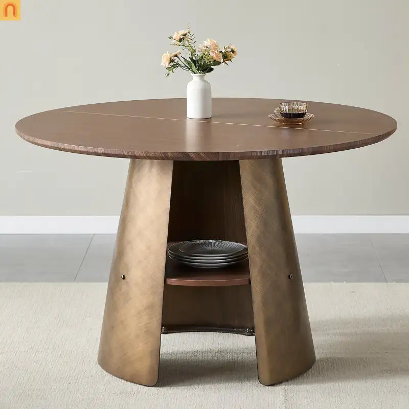 Dining Table Round Walnut Retro Metal Base 47in Storage Shelf Seats 6