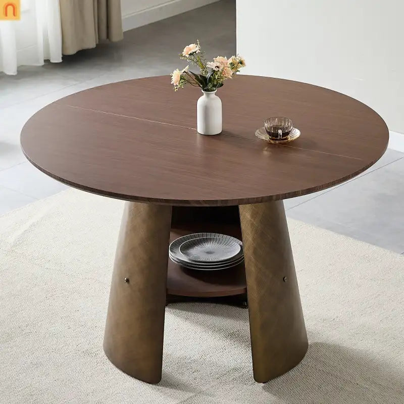 Dining Table Round Walnut Retro Metal Base 47in Storage Shelf Seats 6