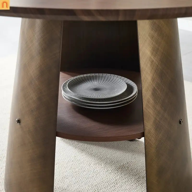 Dining Table Round Walnut Retro Metal Base 47in Storage Shelf Seats 6