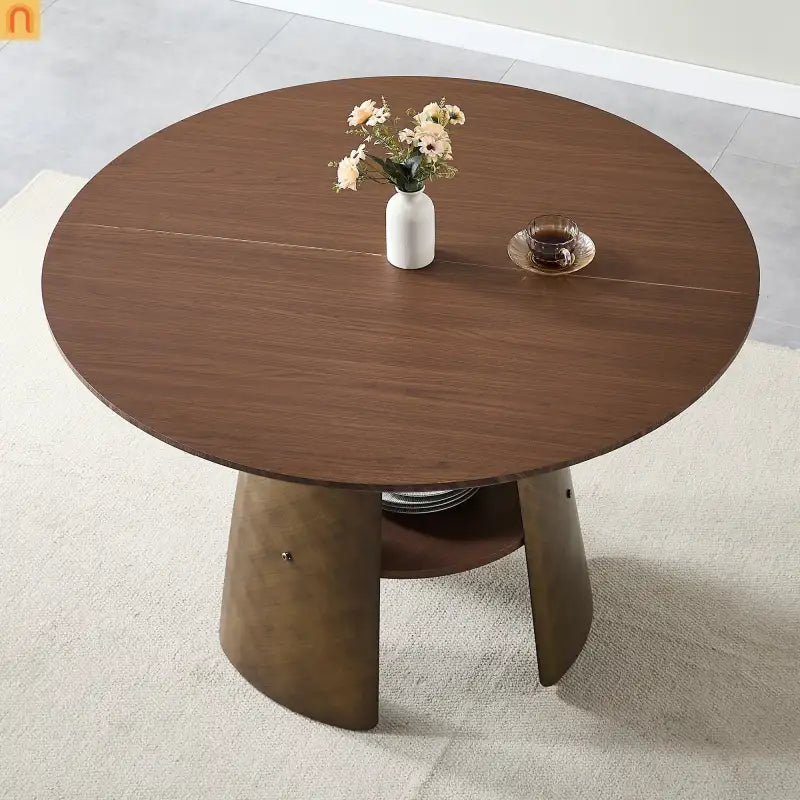 Dining Table Round Walnut Retro Metal Base 47in Storage Shelf Seats 6