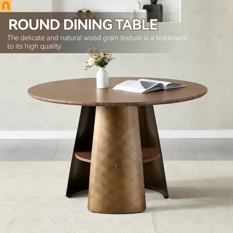 Dining Table Round Walnut Retro Metal Base 47in Storage Shelf Seats 6