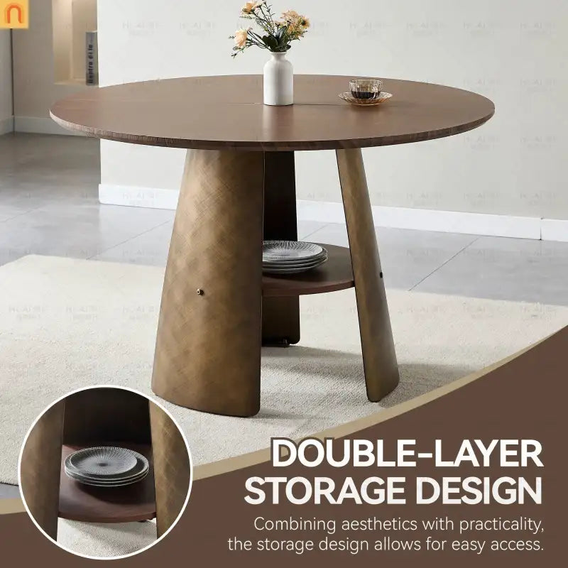 Dining Table Round Walnut Retro Metal Base 47in Storage Shelf Seats 6