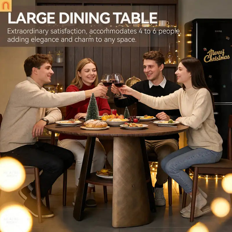 Dining Table Round Walnut Retro Metal Base 47in Storage Shelf Seats 6