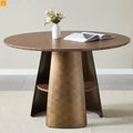 Dining Table Round Walnut Retro Metal Base 47in Storage Shelf Seats 6