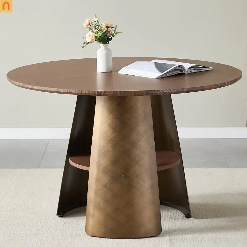 Dining Table Round Walnut Retro Metal Base 47in Storage Shelf Seats 6