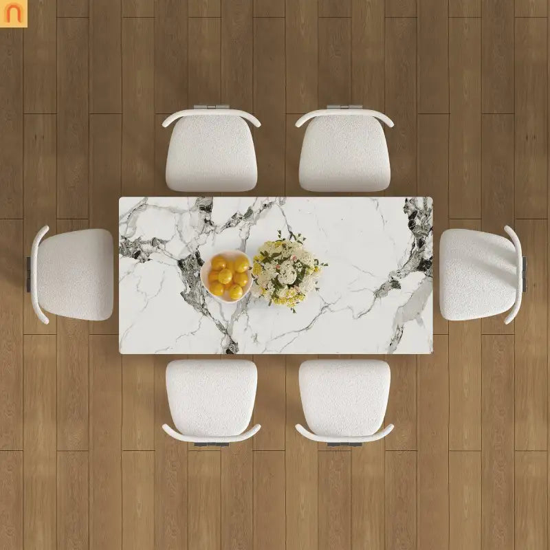 Dining Set Rectangle Stone Top Gold Base 7pc White Velvet Seats 6