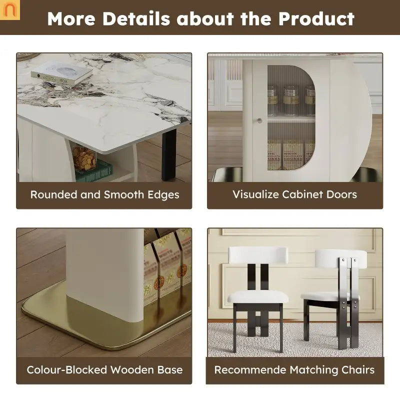 Dining Set Rectangle Stone Top Gold Base 7pc White Velvet Seats 6