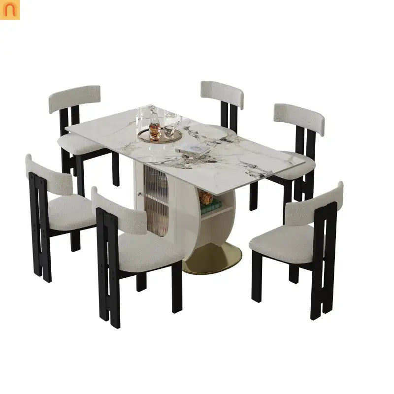 Dining Set Rectangle Stone Top Gold Base 7pc White Velvet Seats 6