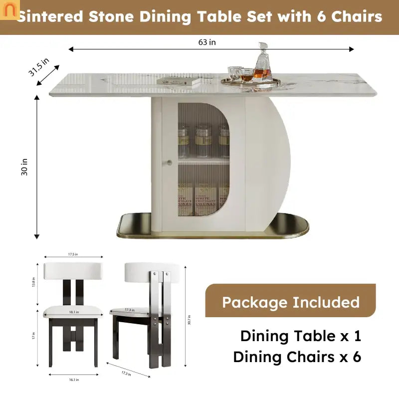Dining Set Rectangle Stone Top Gold Base 7pc White Velvet Seats 6