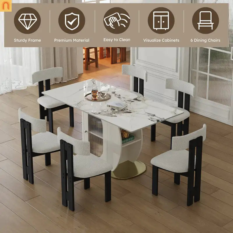 Dining Set Rectangle Stone Top Gold Base 7pc White Velvet Seats 6