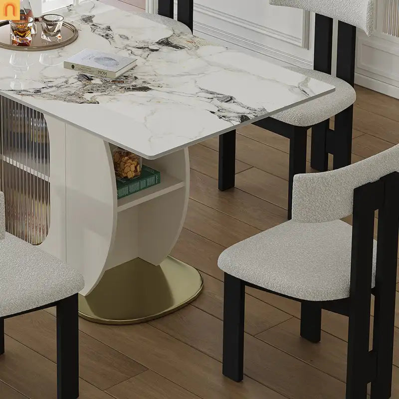 Dining Set Rectangle Stone Top Gold Base 7pc White Velvet Seats 6