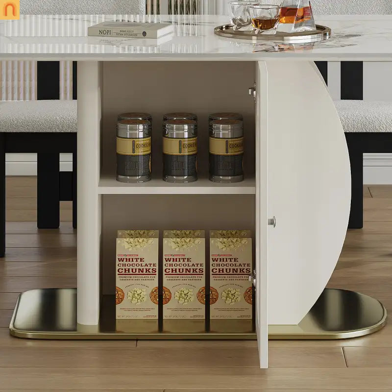 Dining Set Rectangle Stone Top Gold Base 7pc White Velvet Seats 6