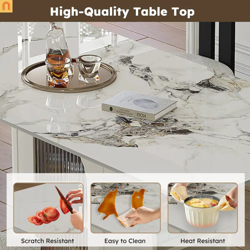 Dining Set Rectangle Stone Top Gold Base 7pc White Velvet Seats 6