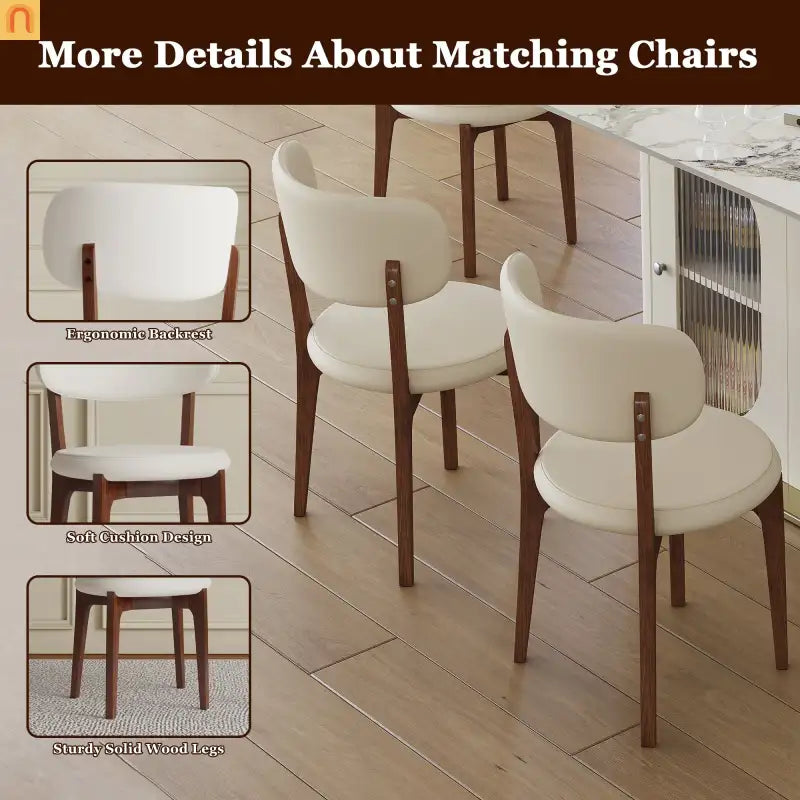 Dining Set Rectangle Stone Top Gold Base 7pc White PU Seats 6