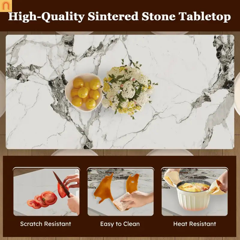 Dining Set Rectangle Stone Top Gold Base 7pc White PU Seats 6