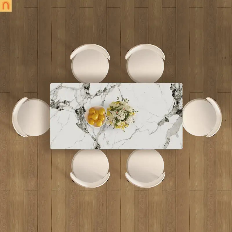 Dining Set Rectangle Stone Top Gold Base 7pc White PU Seats 6