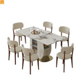Dining Set Rectangle Stone Top Gold Base 7pc White PU Seats 6