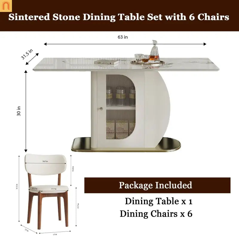Dining Set Rectangle Stone Top Gold Base 7pc White PU Seats 6