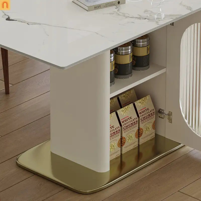 Dining Set Rectangle Stone Top Gold Base 7pc White PU Seats 6