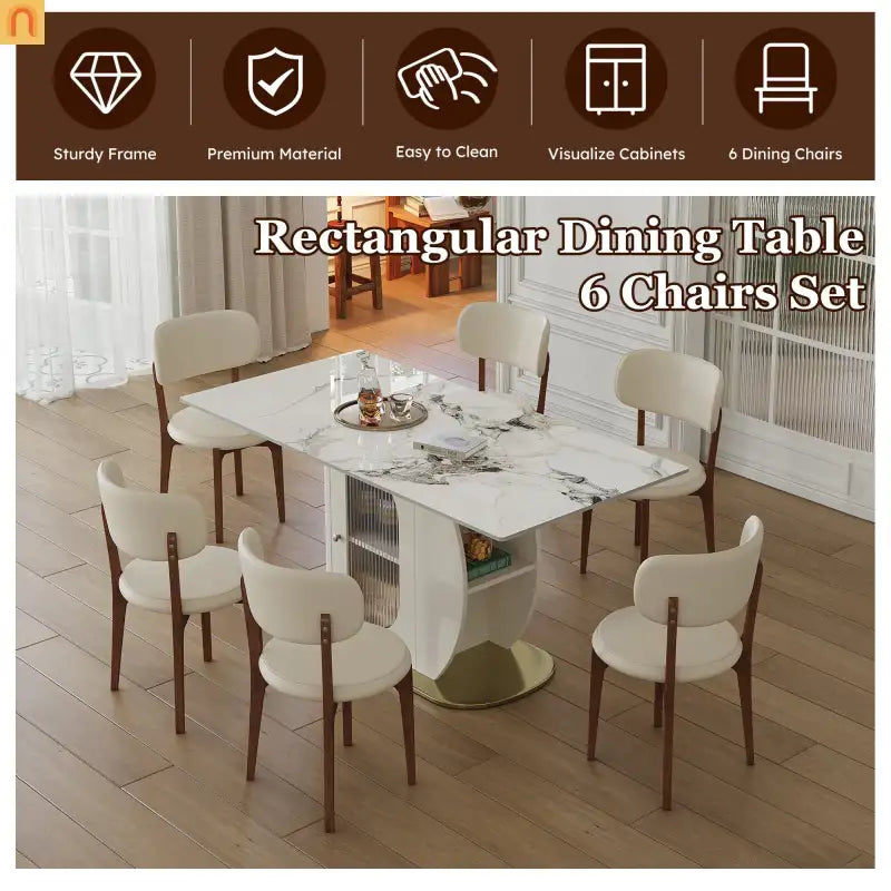 Dining Set Rectangle Stone Top Gold Base 7pc White PU Seats 6