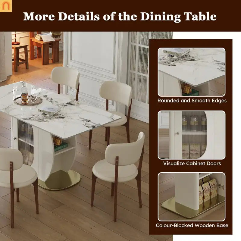 Dining Set Rectangle Stone Top Gold Base 7pc White PU Seats 6