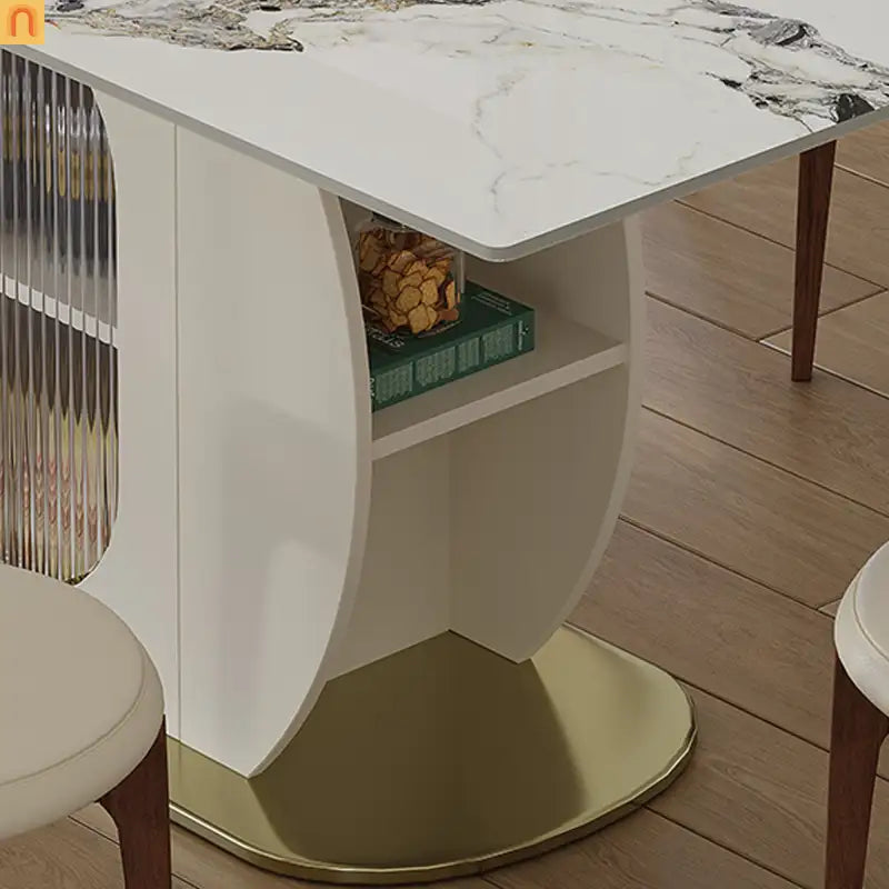 Dining Set Rectangle Stone Top Gold Base 7pc White PU Seats 6