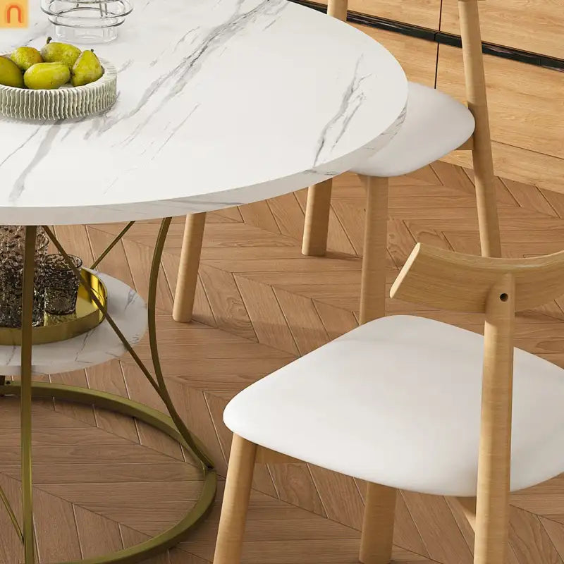 Dining Set Oval Marble Veneer White Gold Base 5pc Extendable Seats 6