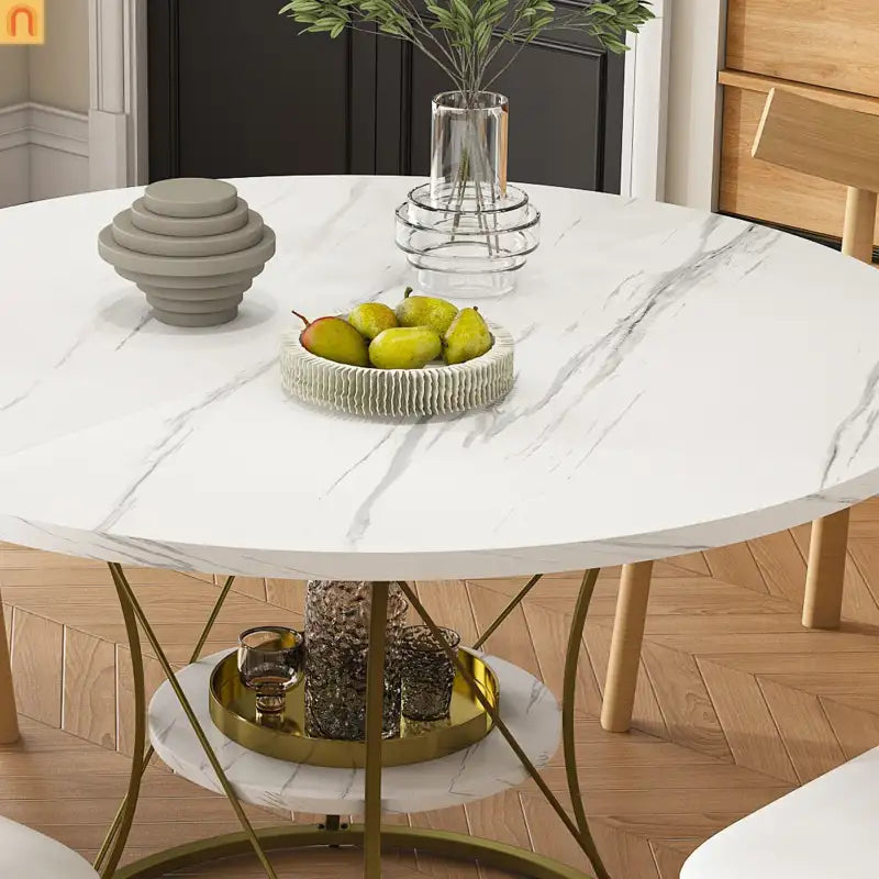 Dining Set Oval Marble Veneer White Gold Base 5pc Extendable Seats 6