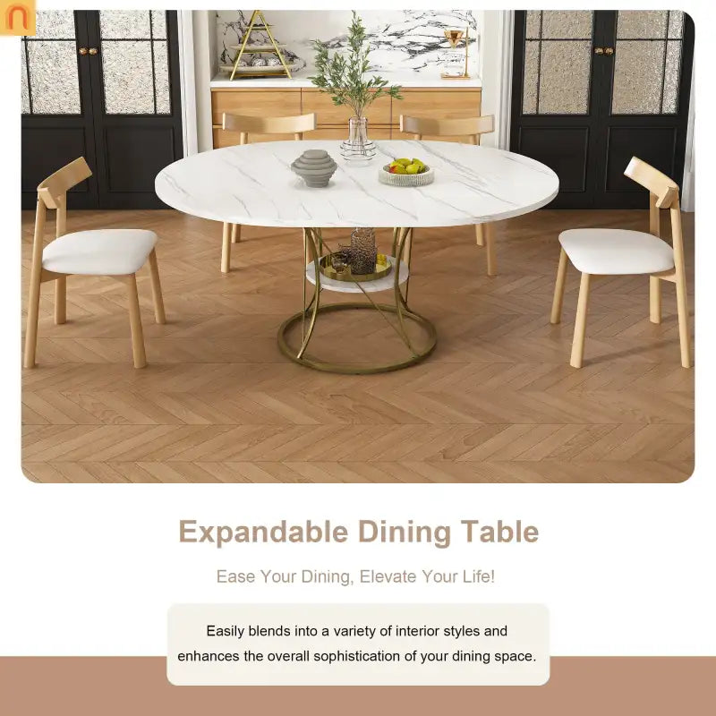 Dining Set Oval Marble Veneer White Gold Base 5pc Extendable Seats 6