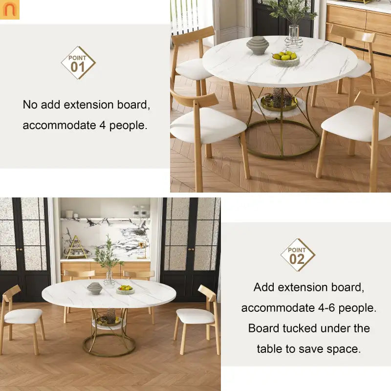 Dining Set Oval Marble Veneer White Gold Base 5pc Extendable Seats 6