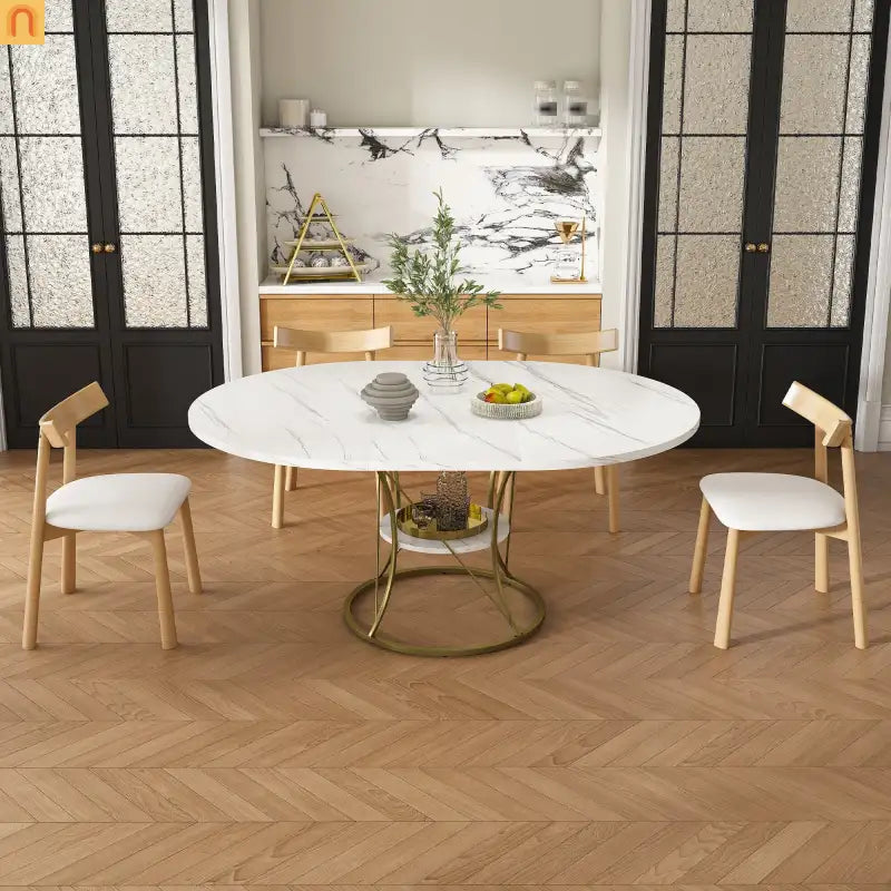 Dining Set Oval Marble Veneer White Gold Base 5pc Extendable Seats 6
