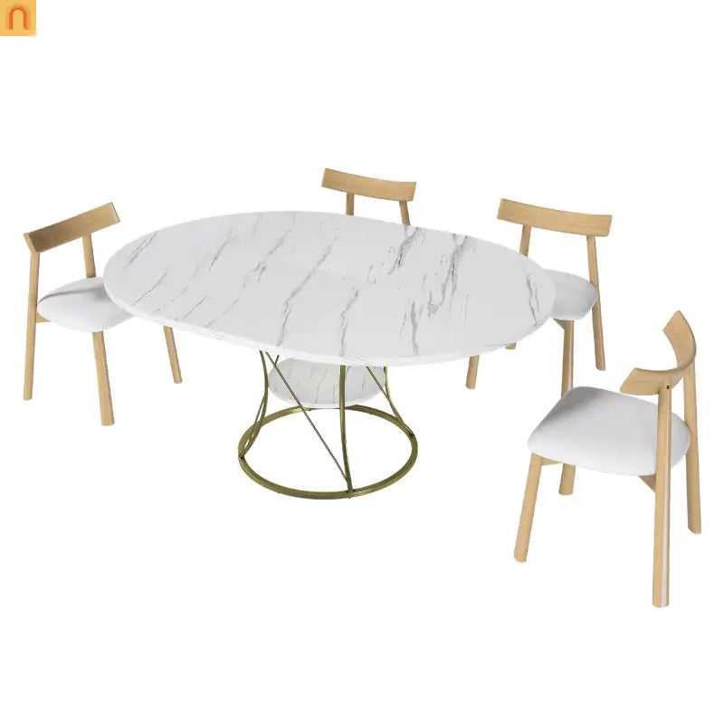 Dining Set Oval Marble Veneer White Gold Base 5pc Extendable Seats 6