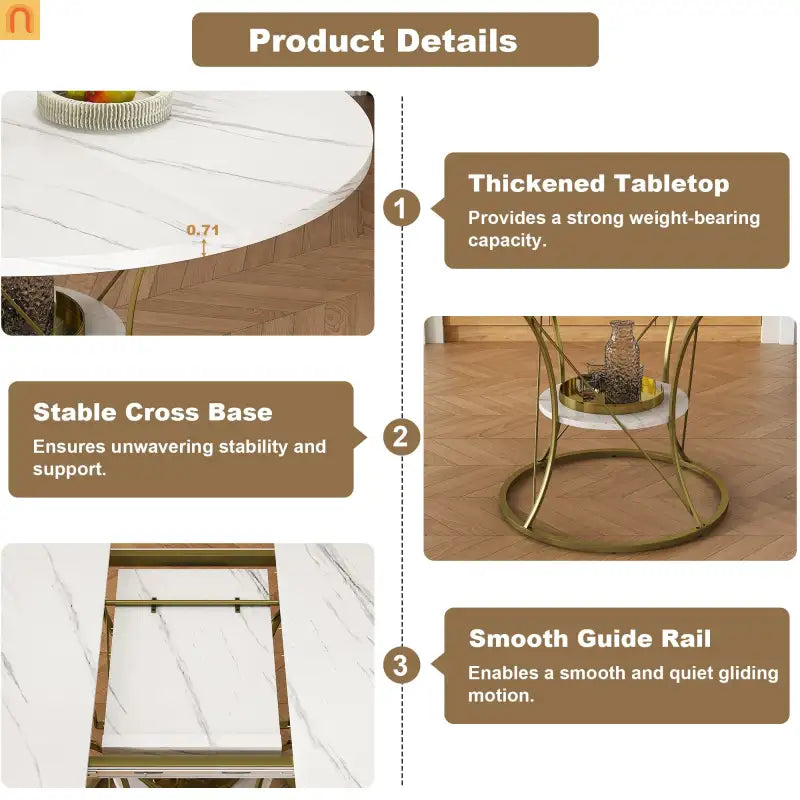 Dining Set Oval Marble Veneer White Gold Base 5pc Extendable Seats 6
